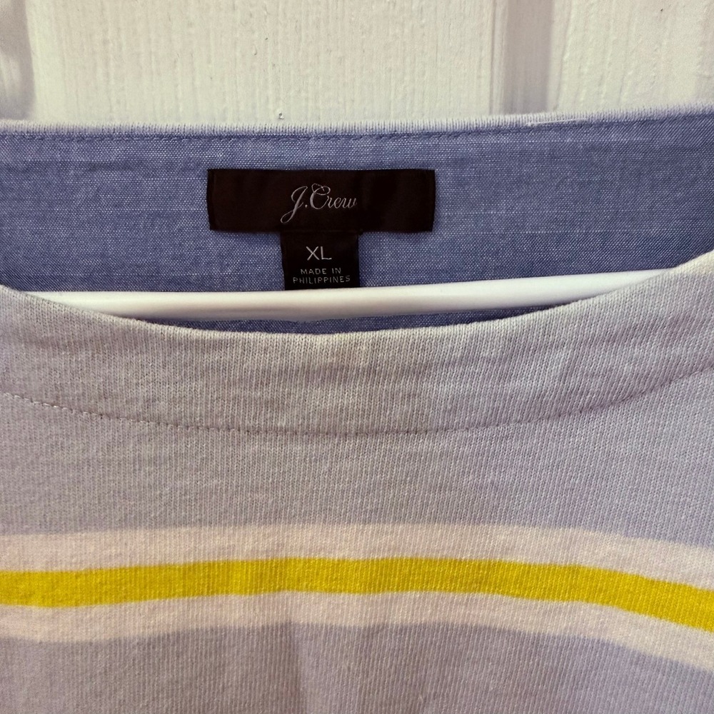 J Crew XL Striped Long Sleeve Boatneck Top Light Blue Yellow Cotton Coastal Chic - Picture 2 of 11